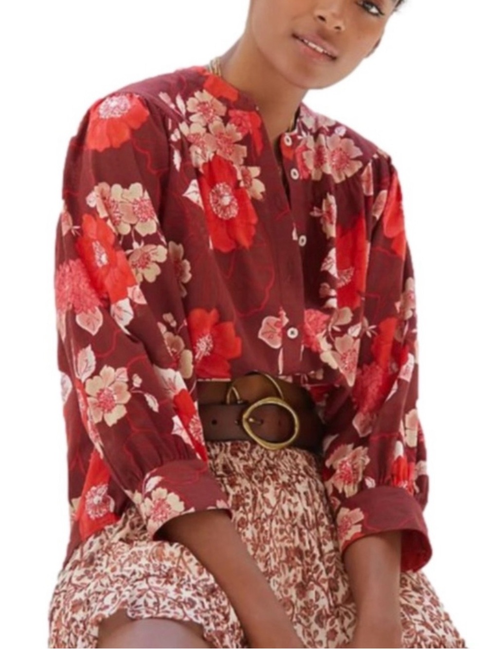 Anthropologie Porridge Women's Burgundy Floral Button-Front Blouse